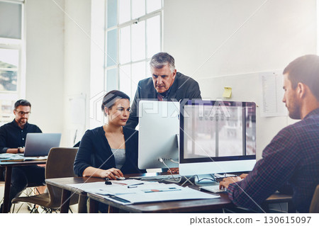 Coaching, training and business people with computer in office. Leadership, teamwork and collaboration of employees, woman and mature man on pc working on advertising, marketing or sales project. 130615097