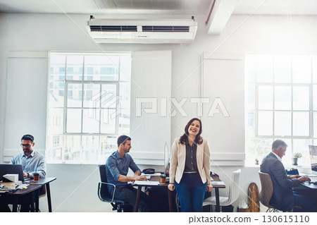 Woman, office portrait and leader of business people, confident smile and happiness for success. Marketing manager, leadership and happy for office team, staff commitment and company vision by desk Woman, office portrait and leader of business people, confident smile and happiness for success. Marketing manager, leadership and happy for office team, staff commitment and company vision by desk 130615110