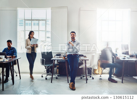 Man, leader and office portrait with business group, sitting and desk with confidence for success. Manager, leadership and focus with staff, teamwork or group for goal, company vision and marketing Man, leader and office portrait with business group, sitting and desk with confidence for success. Manager, leadership and focus with staff, teamwork or group for goal, company vision and marketing 130615112