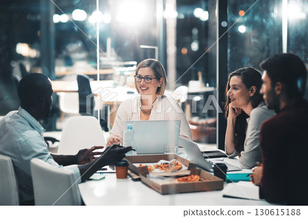 Workshop, late night and marketing team in discussion at meeting with laptop and food at startup. Teamwork, overtime and diversity, business people brainstorming project at creative marketing agency. 130615188