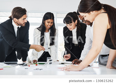 Teamwork, business meeting and discussion planning finance report, sales presentation or financial management in office. Group of people, team collaboration and conversation for documents analysis 130615262