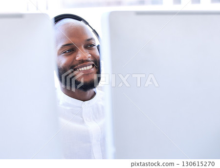 Business, black man and call center for customer support, telemarketing and consulting. African American male employee, consultant and agent with smile, computer and client service for advice or help 130615270