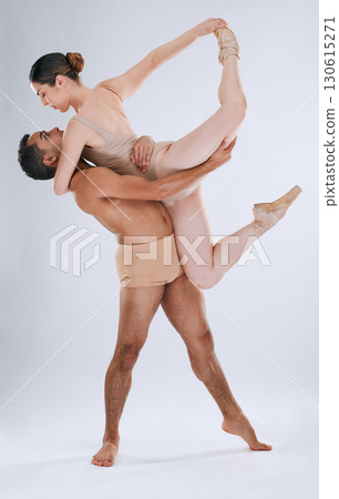 Ballet dancing couple, studio background and lift, balance and art movement with beauty in training. Professional dancer team, performance and man with woman in class with fitness, focus and concert Ballet dancing couple, studio background and lift, balance and art movement with beauty in training. Professional dancer team, performance and man with woman in class with fitness, focus and concert 130615271