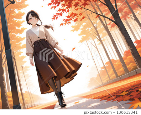 A woman with a gentle smile strolling along a row of autumn leaves 130615341