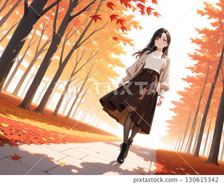 A woman with a gentle smile strolling along a row of autumn leaves A woman with a gentle smile strolling along a row of autumn leaves 130615342
