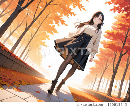 A woman with a gentle smile strolling along a row of autumn leaves A woman with a gentle smile strolling along a row of autumn leaves 130615343