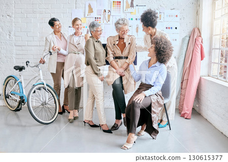 Fashion, designer and teamwork of women laughing at funny joke, comedy or crazy meme in workshop. Group collaboration, small business or comic senior female tailors together in boutique in discussion Fashion, designer and teamwork of women laughing at funny joke, comedy or crazy meme in workshop. Group collaboration, small business or comic senior female tailors together in boutique in discussion 130615377