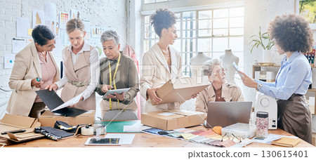 Collaboration, e commerce delivery box or team work on retail package, stock product or sale distribution. Logistic courier shipping, diversity group or startup fashion designer in supply chain store 130615401