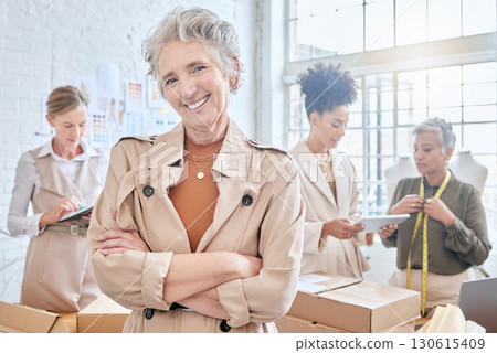 Manager, ecommerce delivery box and team diversity, package or stock product for commercial distribution. Logistics export, retail store container or senior woman in supply chain for courier shipping 130615409