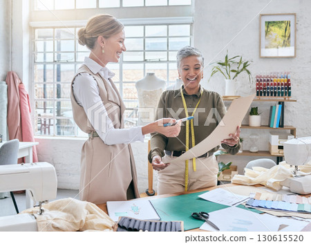 Fashion, designer team or women choice for clothes fabric, textile portfolio or working on creative sketch in studio. Startup small business, workshop service or senior partnership teamwork on outfit 130615520