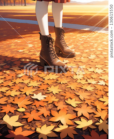 一位帶著溫柔微笑的女子漫步在一排秋葉旁 130615550