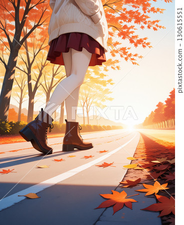 一位帶著溫柔微笑的女子漫步在一排秋葉旁 130615551