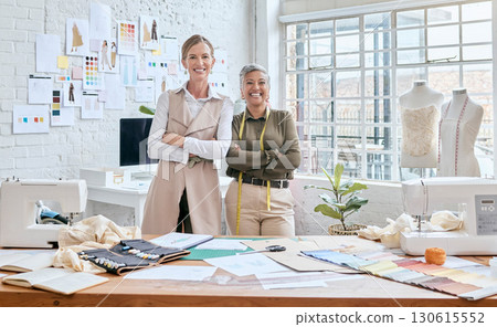 Women, fashion and designer portrait in workshop for collaboration on creative idea for small business. Planning, creativity and vision of mature dressmaker team with optimistic mindset and smile. 130615552