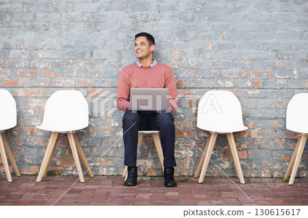 Recruitment, thinking and man on brick wall sitting in line with laptop for job opportunity, hr email and success. Computer, waiting room and person on Human Resources website for career application Recruitment, thinking and man on brick wall sitting in line with laptop for job opportunity, hr email and success. Computer, waiting room and person on Human Resources website for career application 130615617