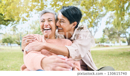 Couple of friends, seniors or laughing hug in nature park, grass garden or relax environment in comic, funny or silly activity. Smile, happy women or bonding retirement elderly in love trust embrace 130615740