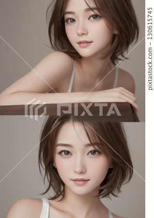 Beautiful young female model with short hair and natural makeup 130615745