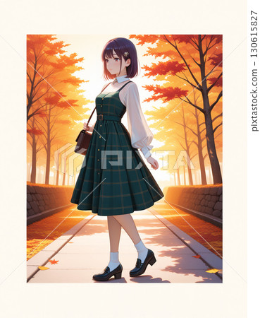 A woman with a gentle smile strolling along a row of autumn leaves A woman with a gentle smile strolling along a row of autumn leaves 130615827