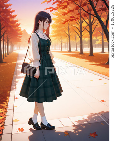 A woman with a gentle smile strolling along a row of autumn leaves 130615828