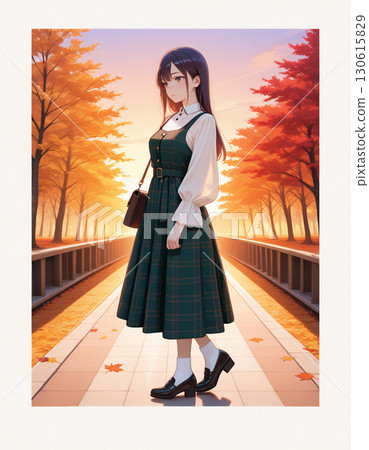 A woman with a gentle smile strolling along a row of autumn leaves A woman with a gentle smile strolling along a row of autumn leaves 130615829