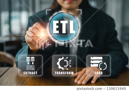 Visual representation of ETL process with extract, transform, load icons, ideal for data management themes. 130615840
