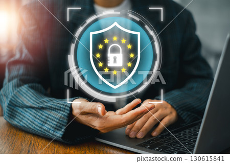 Visual representation of GDPR with a digital shield and lock, symbolizing data protection and privacy compliance. 130615841