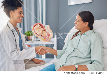 Pregnant patient, doctor or gynecologist shaking hands for welcome, thank you and hello greeting Pregnancy maternity consultation, gynecology or woman for medical, baby healthcare or hospital support Pregnant patient, doctor or gynecologist shaking hands for welcome, thank you and hello greeting Pregnancy maternity consultation, gynecology or woman for medical, baby healthcare or hospital support 130615858