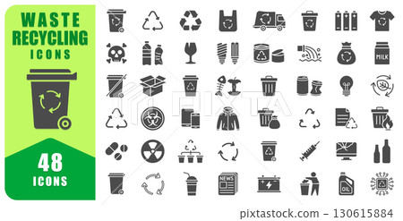 Waste Recycling Icon Symbol Set With 48 Designs. Recycle Icons Collection Includes Trash, Recycling Bins, Glass, Plastic, Metal, Paper, Batteries. Vector Illustration. Isolated On white  130615884
