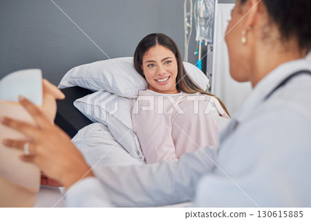 Consulting, pregnant and girl with doctor in clinic for medical expertise and progress assessment. Baby, pregnancy and happy mom with black woman gynaecologist for professional update of development 130615885