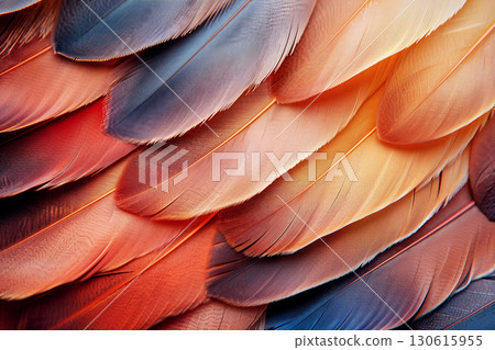 Vibrant close-up of colorful feathers showcasing intricate textures and patterns, highlighting nature's beauty and diversity in avian species 130615955