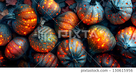 Colorful pumpkins with glowing spots arranged in a flat lay composition, surrounded by autumn leaves, creating a vibrant seasonal background with copy space 130615956