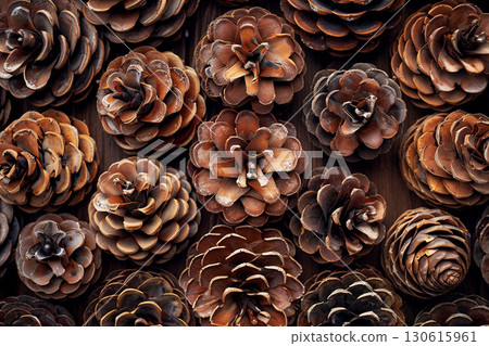 Autumn flat lay featuring various pine cones arranged artistically on a wooden surface, creating a warm and inviting background design with copy space 130615961