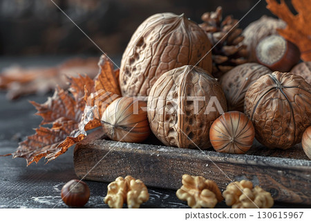 Natural assortment of various nuts and dried leaves arranged on a rustic wooden tray, showcasing autumn's bounty and seasonal textures in a warm atmosphere 130615967