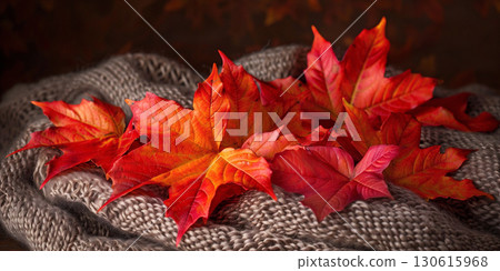 Vibrant autumn leaves in shades of red and orange resting on a cozy knitted blanket, creating a warm fall atmosphere with ample copy space 130615968