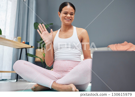 Video call, yoga or pregnant woman in online class for fitness exercise or live streaming a workout at home. Pregnancy, laptop or healthy person with a happy smile in maternity starts training body 130615979