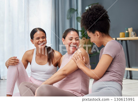 Pregnant, yoga class or women laughing to relax after exercise, group training or fitness workout together. Pregnancy, bonding or healthy friends with a happy smile speaking of crazy or funny gossip 130615991
