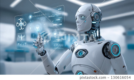 Futuristic medical robot analyzes patient data on holographic screen Futuristic medical robot analyzes patient data on holographic screen 130616054