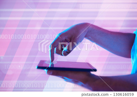 Fingerprint, futuristic and hands of man with tablet for binary communication, ux or internet. Future tech, 3d neon or biometric of person pressing to unlock digital touchscreen for web browsing. Fingerprint, futuristic and hands of man with tablet for binary communication, ux or internet. Future tech, 3d neon or biometric of person pressing to unlock digital touchscreen for web browsing. 130616059
