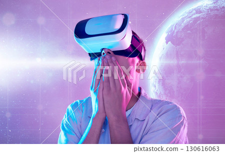 Futuristic, wow and man with vr planet exploring a cyber space world. Surprise, shock and male in virtual reality, metaverse or exploration of galaxy stars, neon and universe simulation with 3d tech. 130616063
