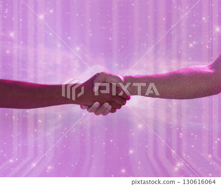 Metaverse, people and 3d futuristic handshake for connection, partnership or deal on universe background. Future, neon and shaking hands for vr experience, connectivity and welcome greeting in space. Metaverse, people and 3d futuristic handshake for connection, partnership or deal on universe background. Future, neon and shaking hands for vr experience, connectivity and welcome greeting in space. 130616064