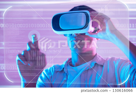 Futuristic data, virtual reality and man in metaverse exploring a cyber world. Digital transformation, neon technology and male touching ux button for trading, stock market or vr, binary or software. 130616066
