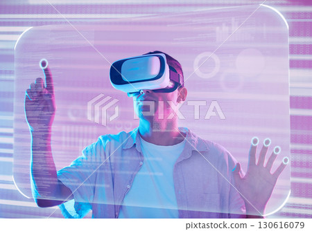 Data, vr futuristic and man in metaverse exploring a cyber world. Digital transformation, 3d virtual reality and male touching or pressing ux button, information or ai, dashboard or software app. 130616079