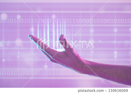3d futuristic, hand and man with binary numbers in metaverse cyber world. Augmented reality, digital transformation and male with data, computing hologram or ux, coding or programmer software in palm 3d futuristic, hand and man with binary numbers in metaverse cyber world. Augmented reality, digital transformation and male with data, computing hologram or ux, coding or programmer software in palm 130616089