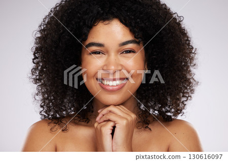 Portrait, face and afro with a model black woman in studio on a gray background for natural hair treatment. Beauty, skincare and haircare with an attractive young female posing to promote cosmetics Portrait, face and afro with a model black woman in studio on a gray background for natural hair treatment. Beauty, skincare and haircare with an attractive young female posing to promote cosmetics 130616097
