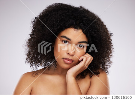 Dermatology, beauty and portrait of black woman with hand on face, afro and advertising luxury makeup product promo. Skincare, cosmetics and facial skin care on model isolated on studio background. 130616100