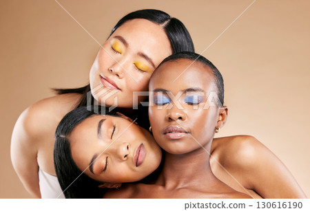 Beauty, makeup and women facial skincare wellness, cosmetics dermatology and closed eyes in brown background studio. Young model support, diversity and luxury spa treatment for natural glowing skin Beauty, makeup and women facial skincare wellness, cosmetics dermatology and closed eyes in brown background studio. Young model support, diversity and luxury spa treatment for natural glowing skin 130616190