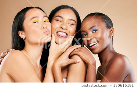Happy women, portrait smile and face in beauty for skincare, cosmetics or makeup against a studio background. People, friends or models smiling in happiness or satisfaction for fun healthy treatment 130616191