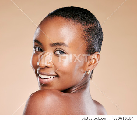 Black woman, model and skincare portrait with smile, healthy cosmetic glow on skin by beige background. Happy African model, girl and beauty with makeup, natural aesthetic and cosmetics for self love Black woman, model and skincare portrait with smile, healthy cosmetic glow on skin by beige background. Happy African model, girl and beauty with makeup, natural aesthetic and cosmetics for self love 130616194