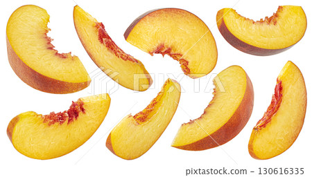 Peach slices isolated on white background with clipping path, falling fresh nectarine pieces 130616335