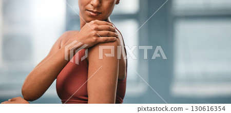 Shoulder, exercise and black woman with pain, injury and workout with sports accident and torn muscle. African American female, lady and athlete with ache, stress and workout mistake and inflammation Shoulder, exercise and black woman with pain, injury and workout with sports accident and torn muscle. African American female, lady and athlete with ache, stress and workout mistake and inflammation 130616354