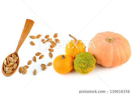 Pumpkins and Seeds on a White Background 130616356